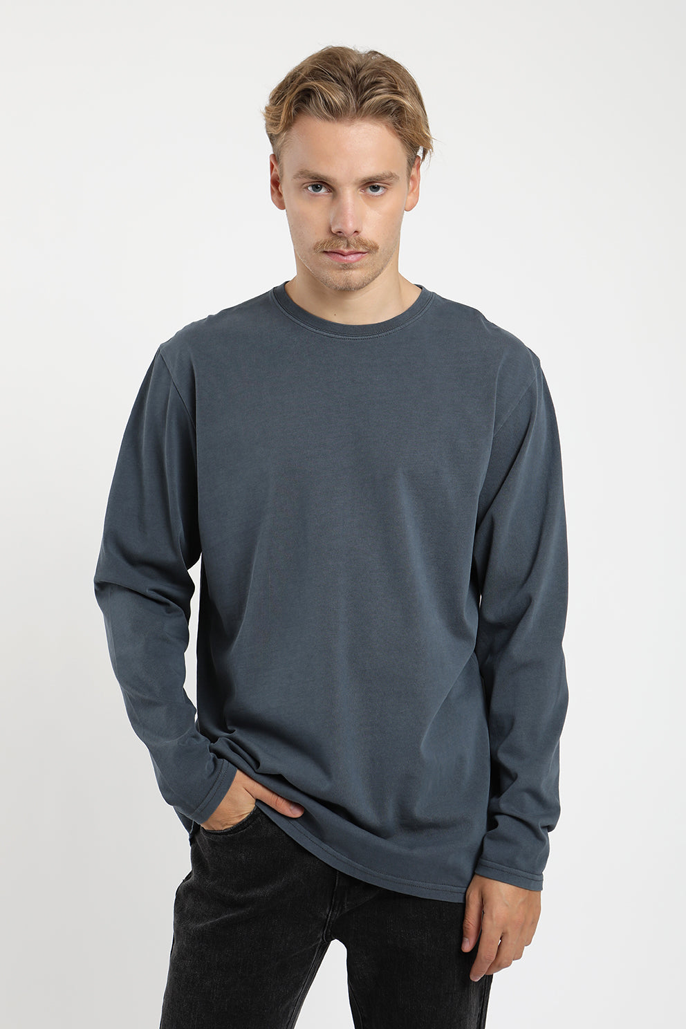 Polera manga larga hombre heavyweight Plain azul Algodón