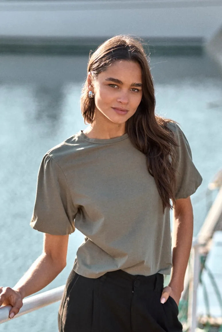 Polera Mujer Manga Corta Globo Verde Algodón Orgánico