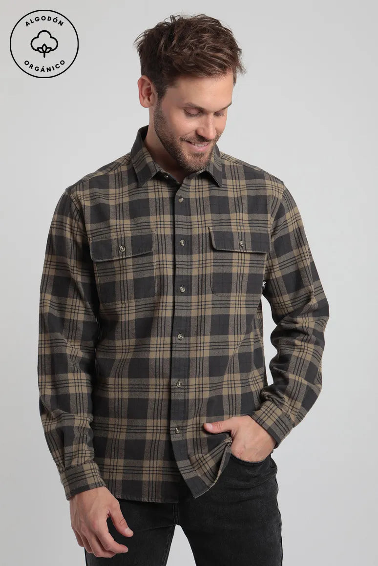 Camisa manga larga hombre Franela camel Algodon organico flanel