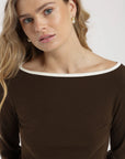 Polera manga larga mujer Cuello bote café