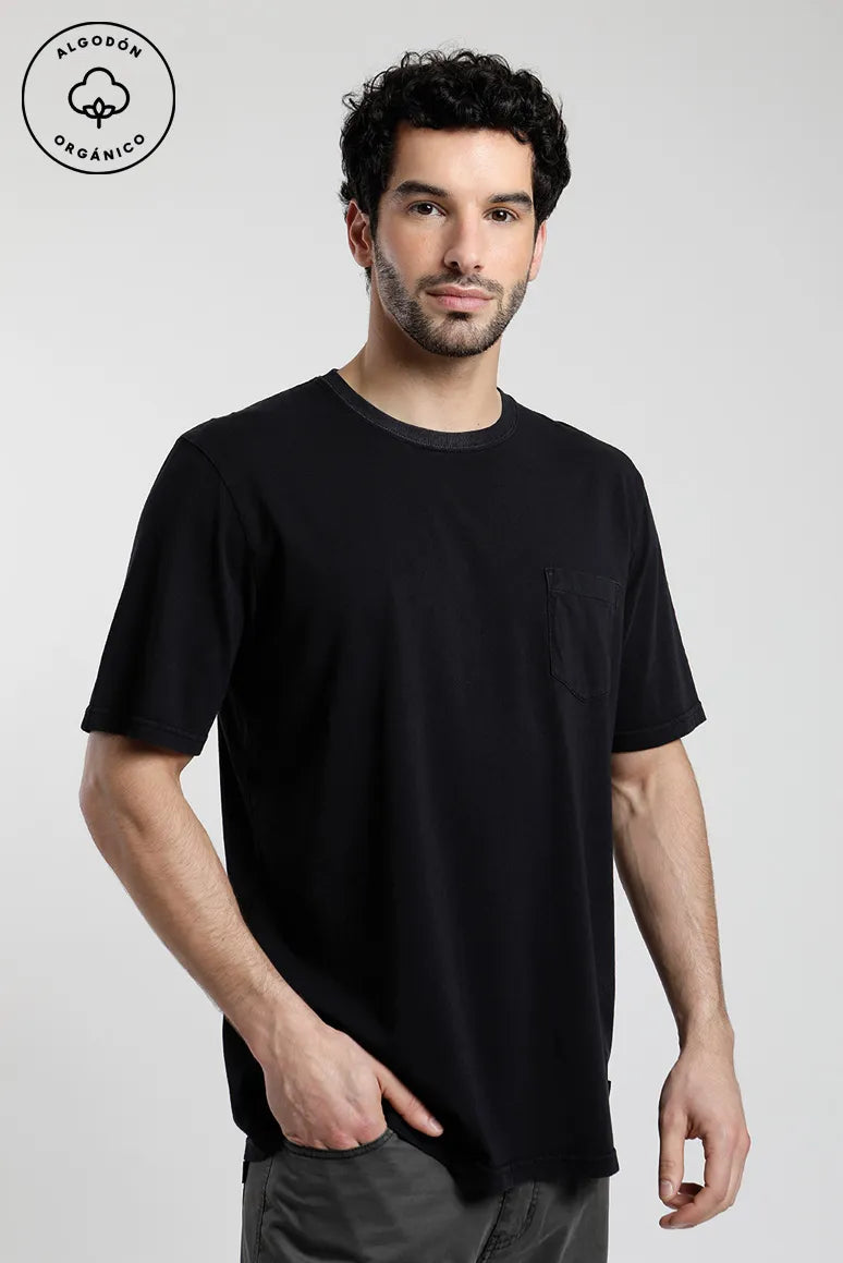 Polera manga corta hombre Bolsillo negra Algodón orgánico