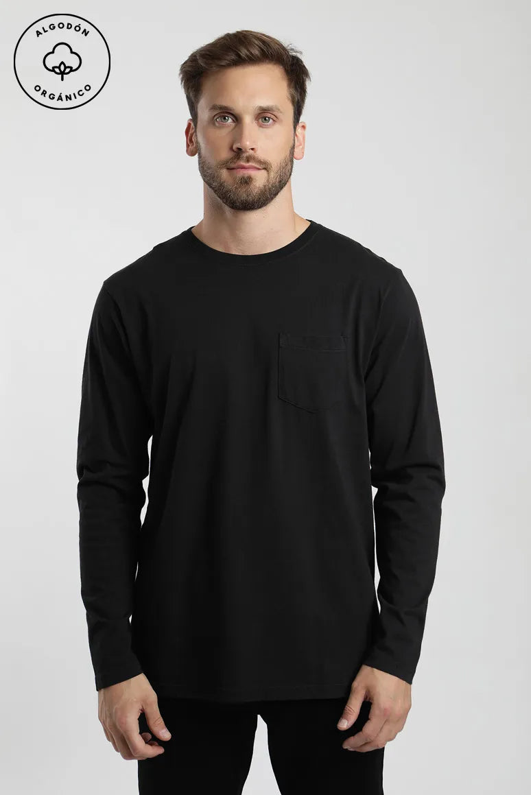 Polera manga larga hombre Bolsillo negro Algodon organico