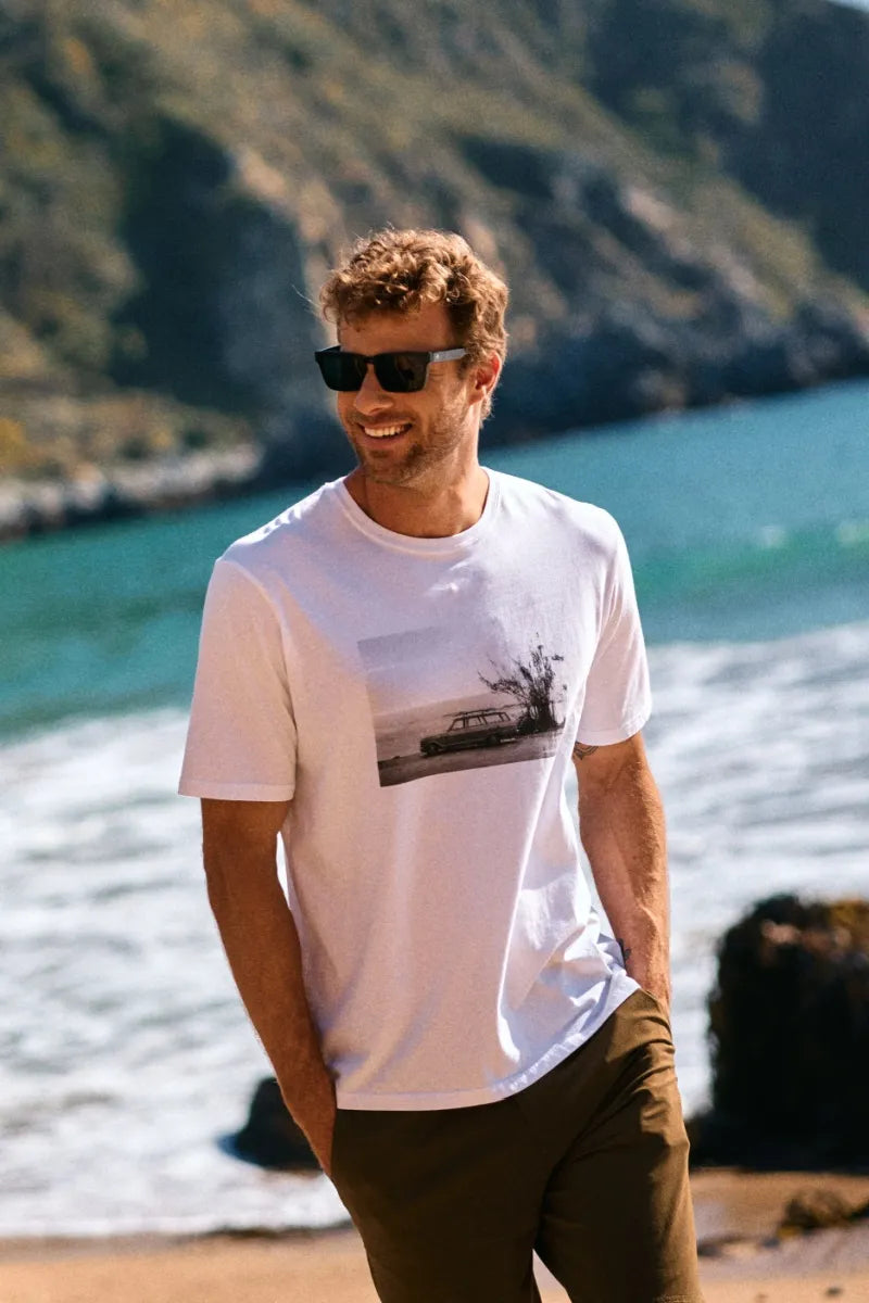 Polera manga corta hombre Auto surf blanco Algodón orgánico