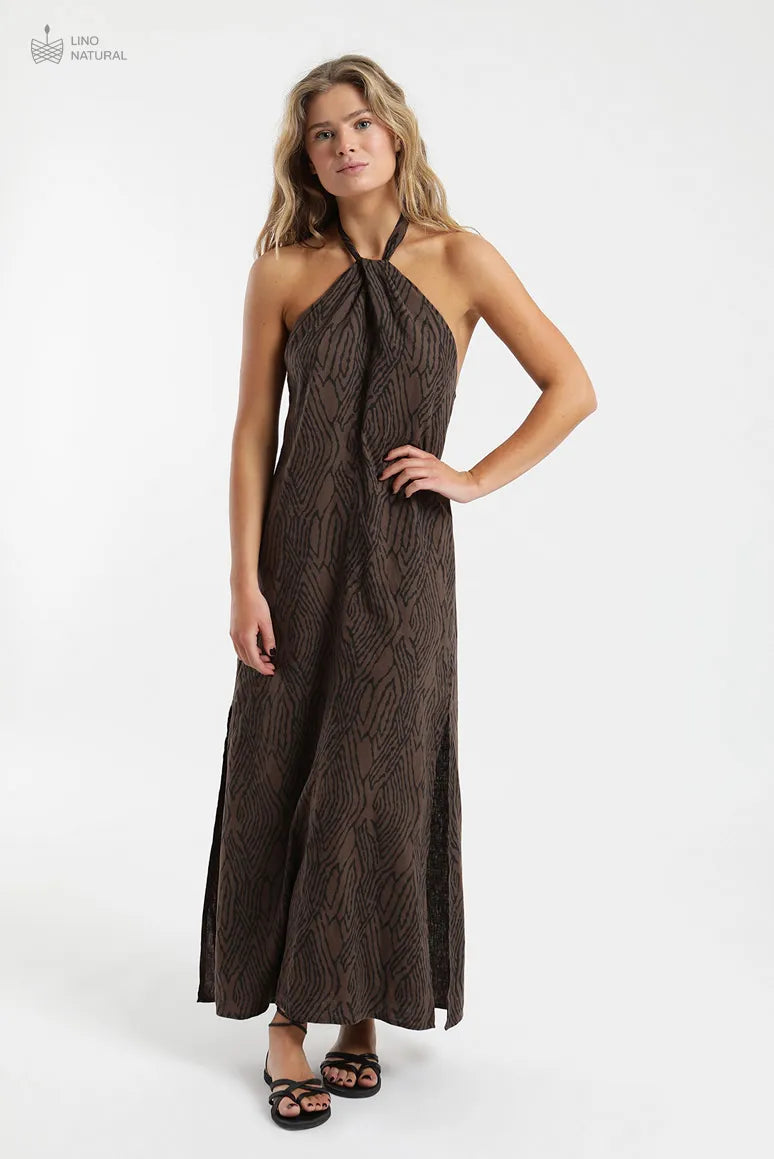 Vestido largo Halter print café - Lino - Frøens