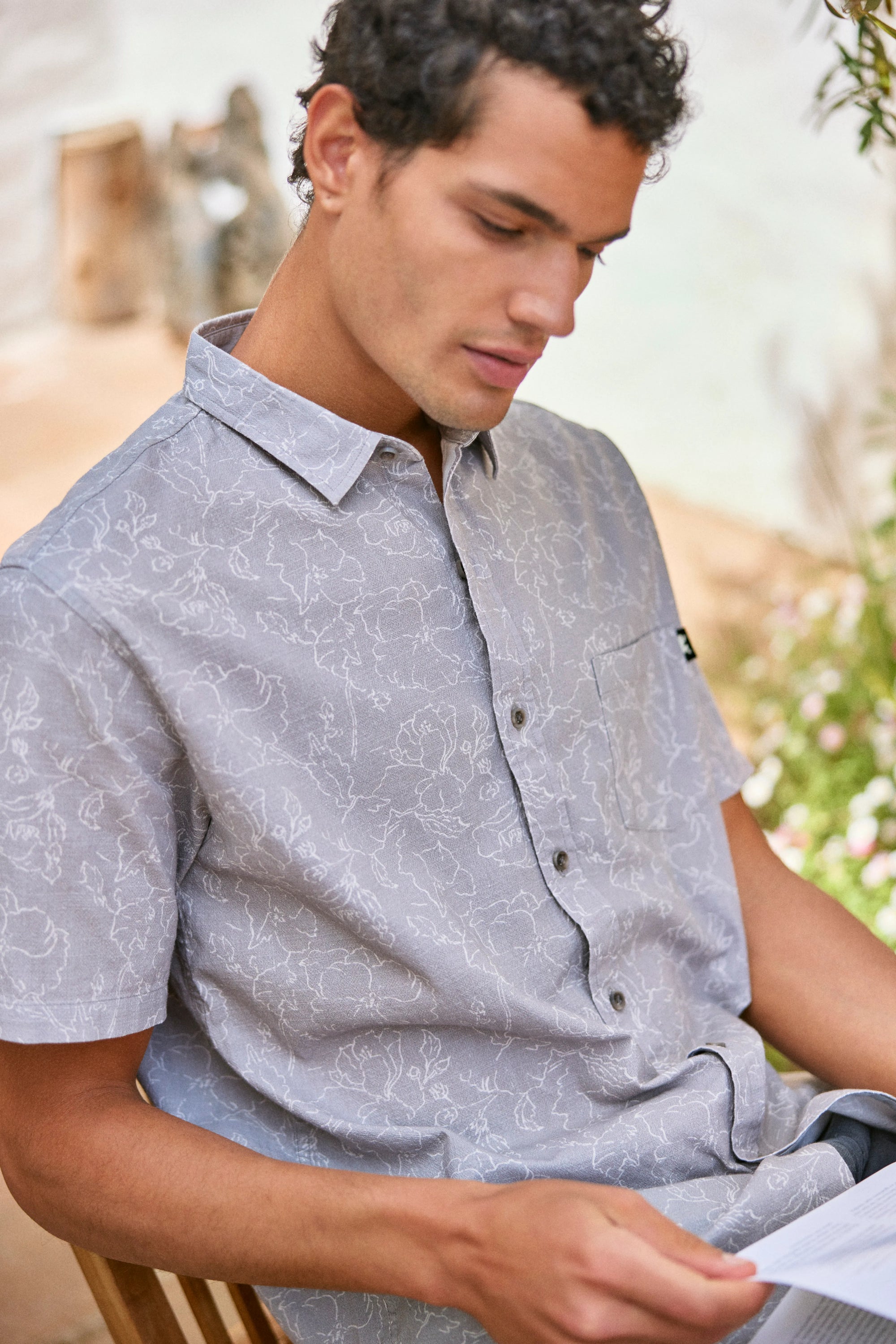 Camisa manga corta Líneas Flores taupe - Algodón orgánico - Frøens