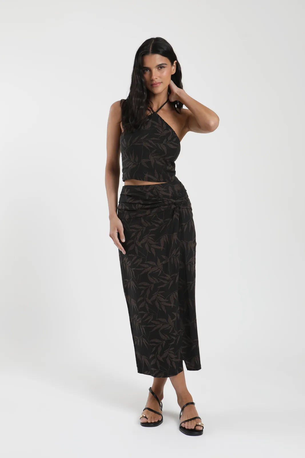 Falda larga Amber hojas café - Lino