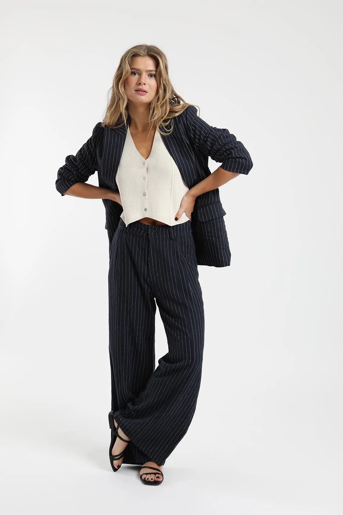 Chaqueta mujer blazer Alondra stripes azul - Lino - Frøens