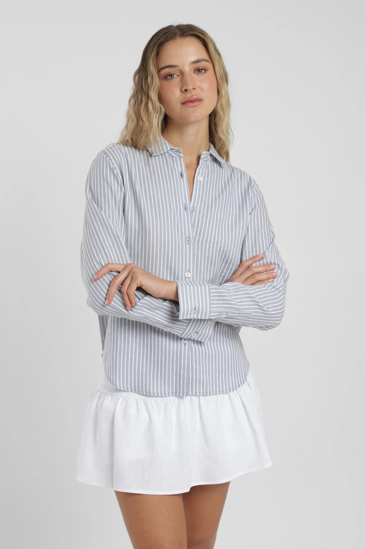 Blusa manga larga mujer basic rayas celeste Froens