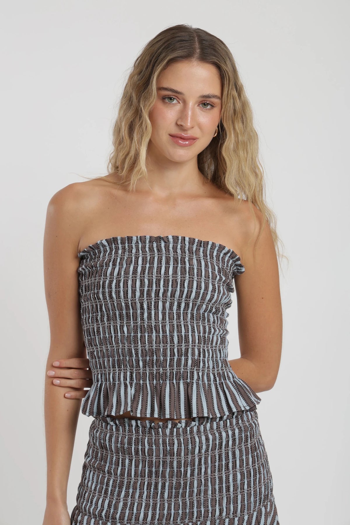 Blusa sin mangas panal stripes café Froens