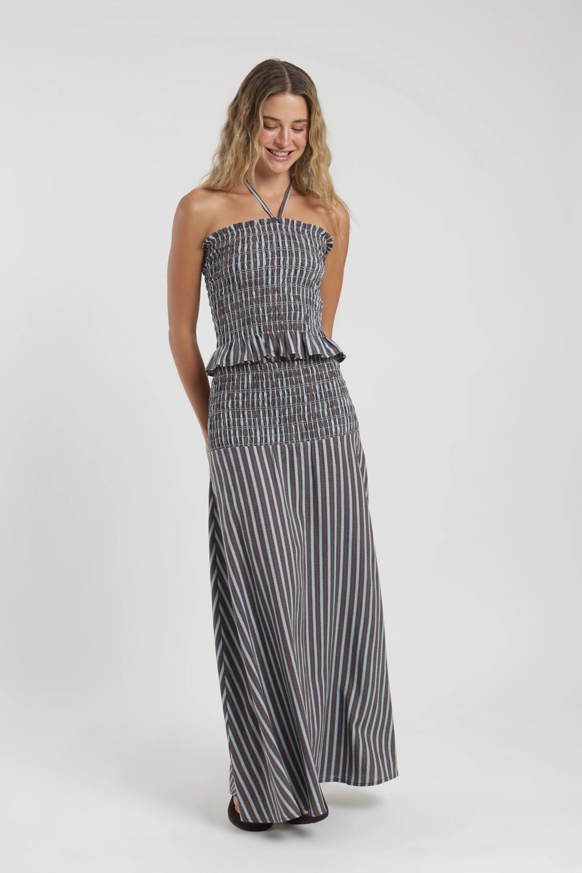 Falda larga mujer smock stripes café Froens