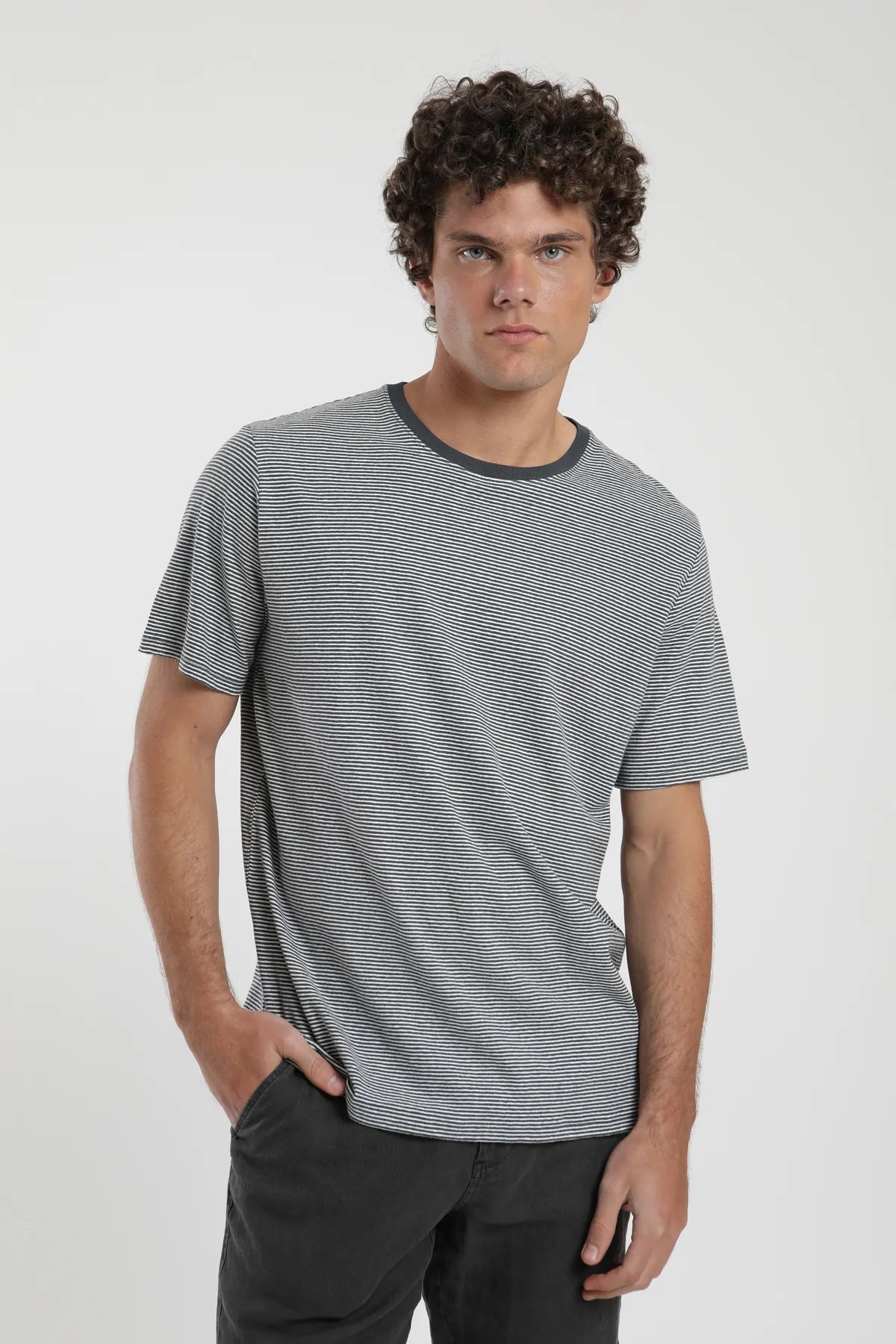 Polera manga corta hombre Rayas Tejida azul - Lino - Frøens