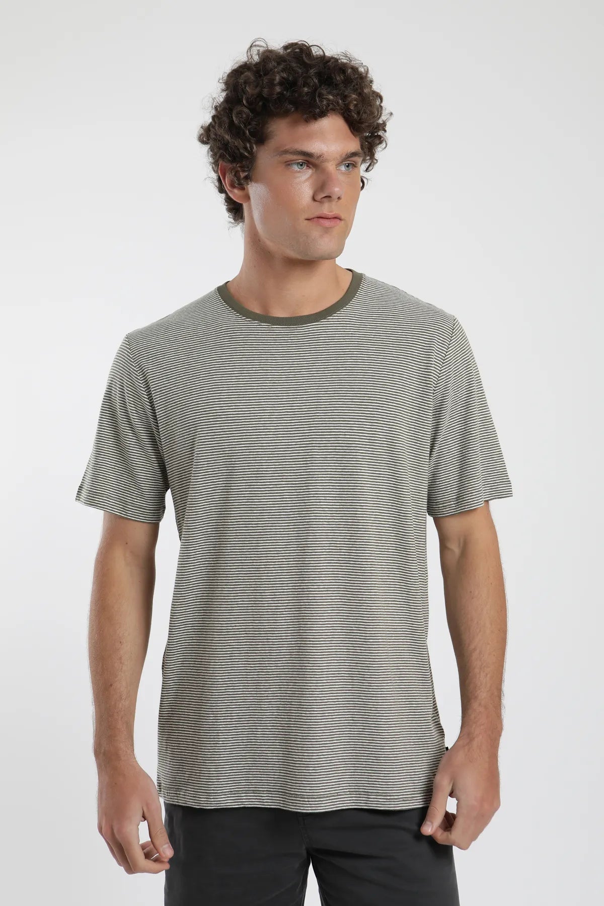 Polera manga corta hombre Rayas Tejida verde - Lino - Frøens