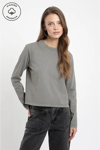 Polera manga larga mujer Azucena heavyweight gris Algodón orgánico