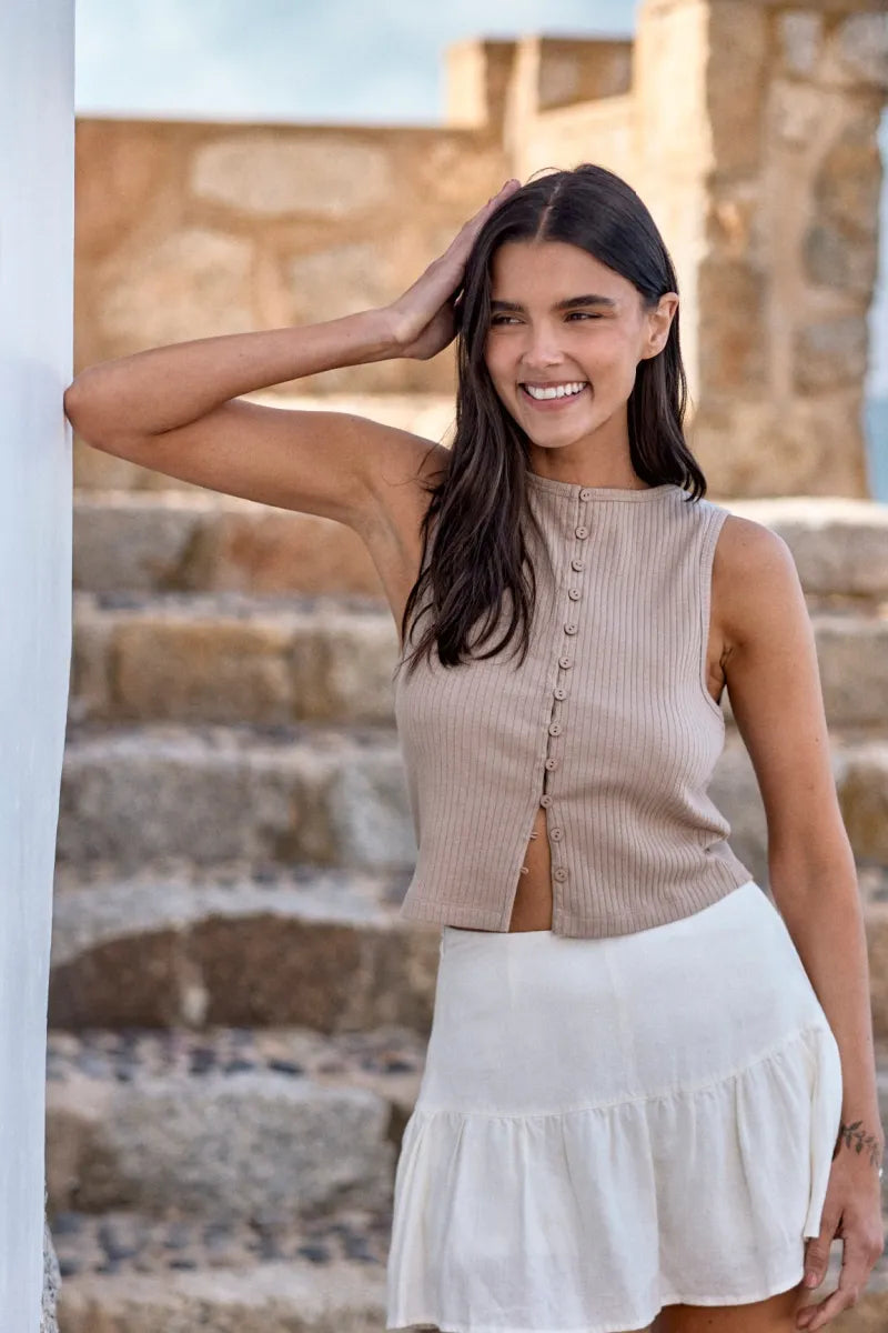 Polera mujer sin mangas Olympia beige - Algodón orgánico - Frøens