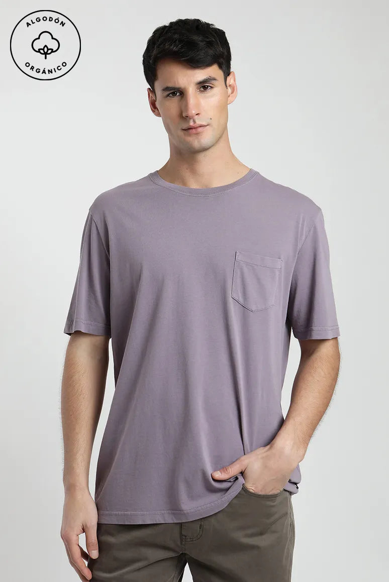 Polera manga corta hombre Bolsillo Stitch malva - Algodón orgánico