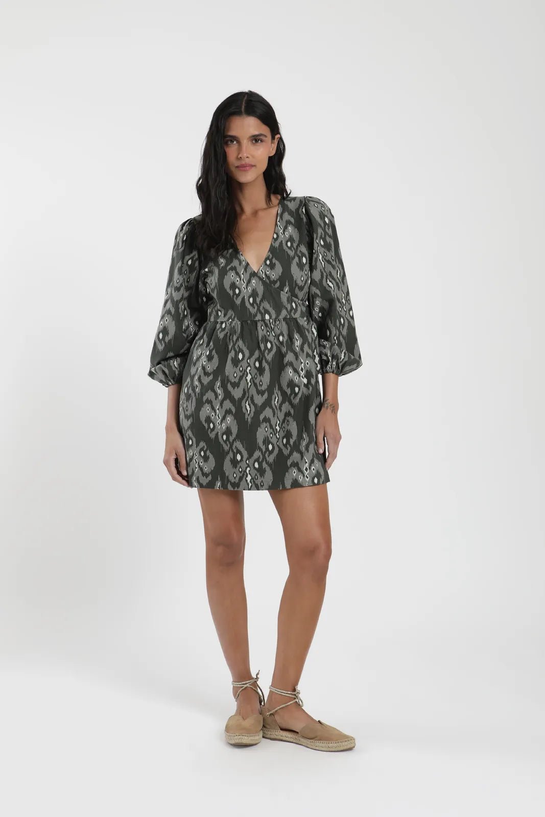 Vestido corto Wrap print verde - Lino - Frøens
