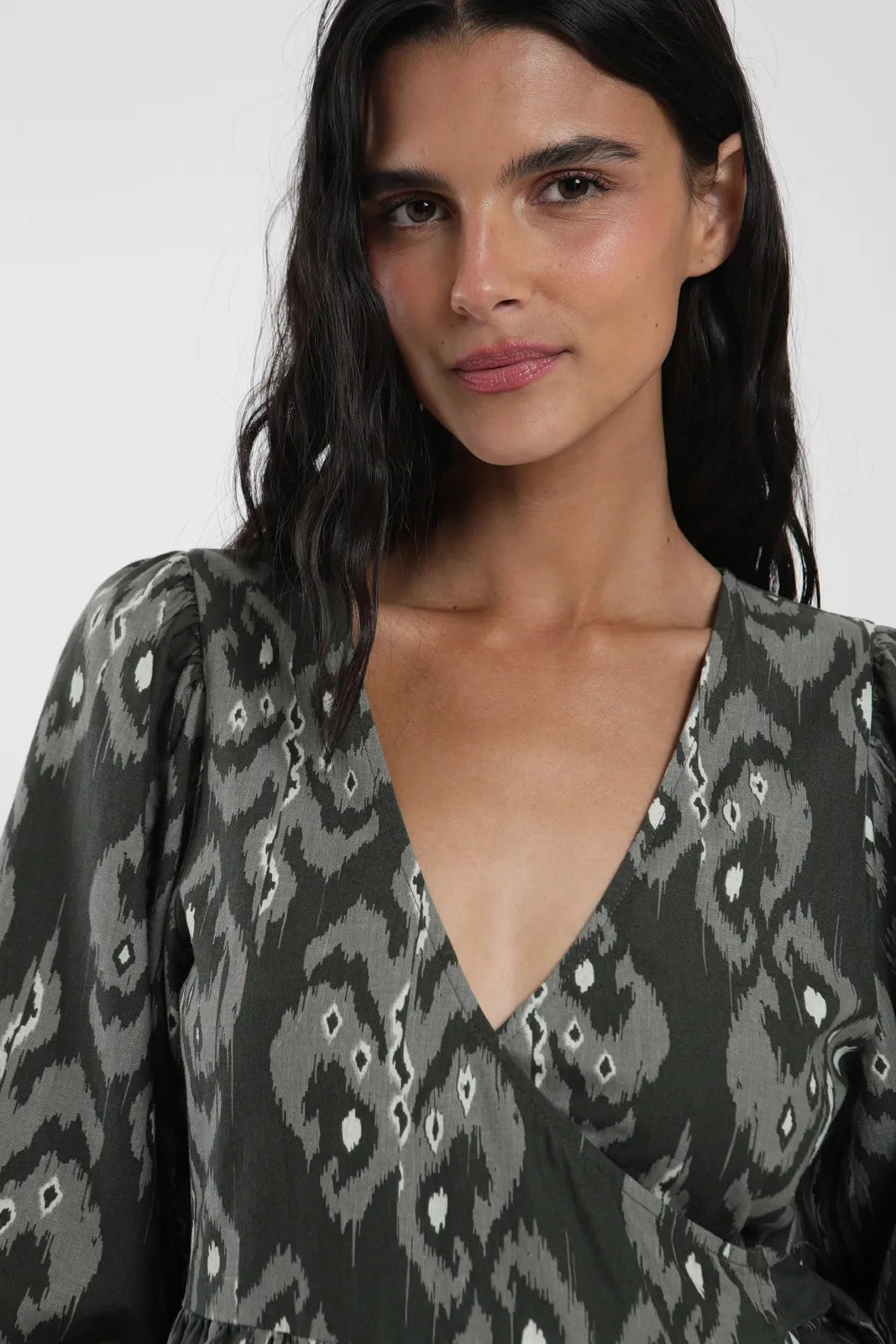 Vestido corto Wrap print verde - Lino - Frøens