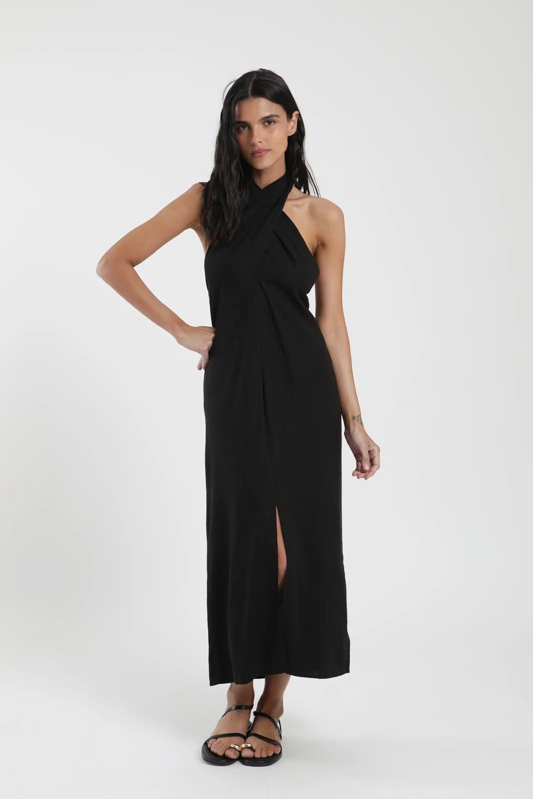 Vestido largo Cross negro - Lino - Frøens