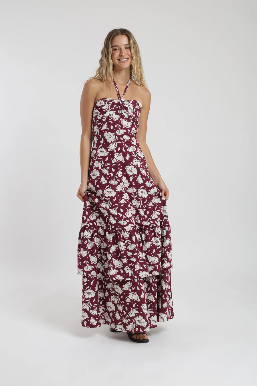 Vestido largo vuelos flores burdeo Froens
