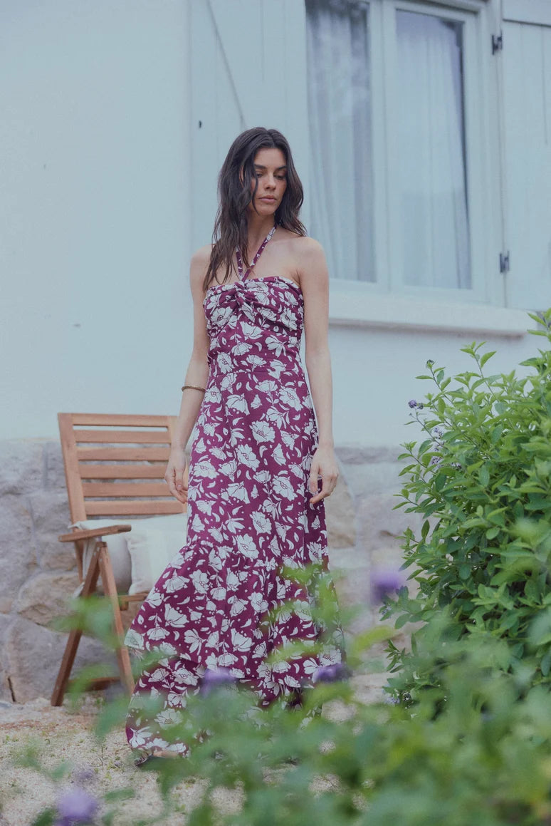 Vestido largo vuelos flores burdeo Froens